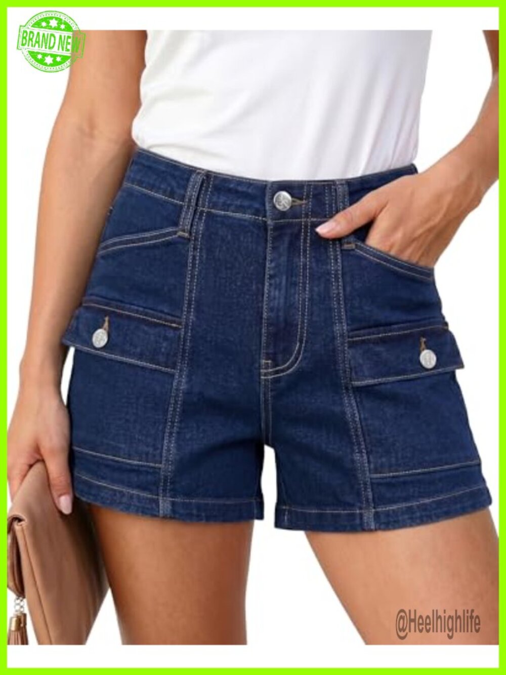 High Waisted Stretchy Denim Cargo Shorts 3.5" Inseam